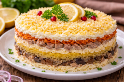 Новенький слоёный салат покорил всех &mdash; &laquo;Белая ночь&raquo;. Баночка маринованных грибов в огранке из мяса и картофеля