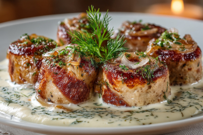 Цыбулячки &mdash; горячее для семейных ужинов и праздников: свиные рулетики с луковой начинкой