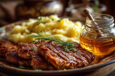 Не заморачиваюсь с мясом по-французски, добавляю ложку меда к свинине — и на сковородку